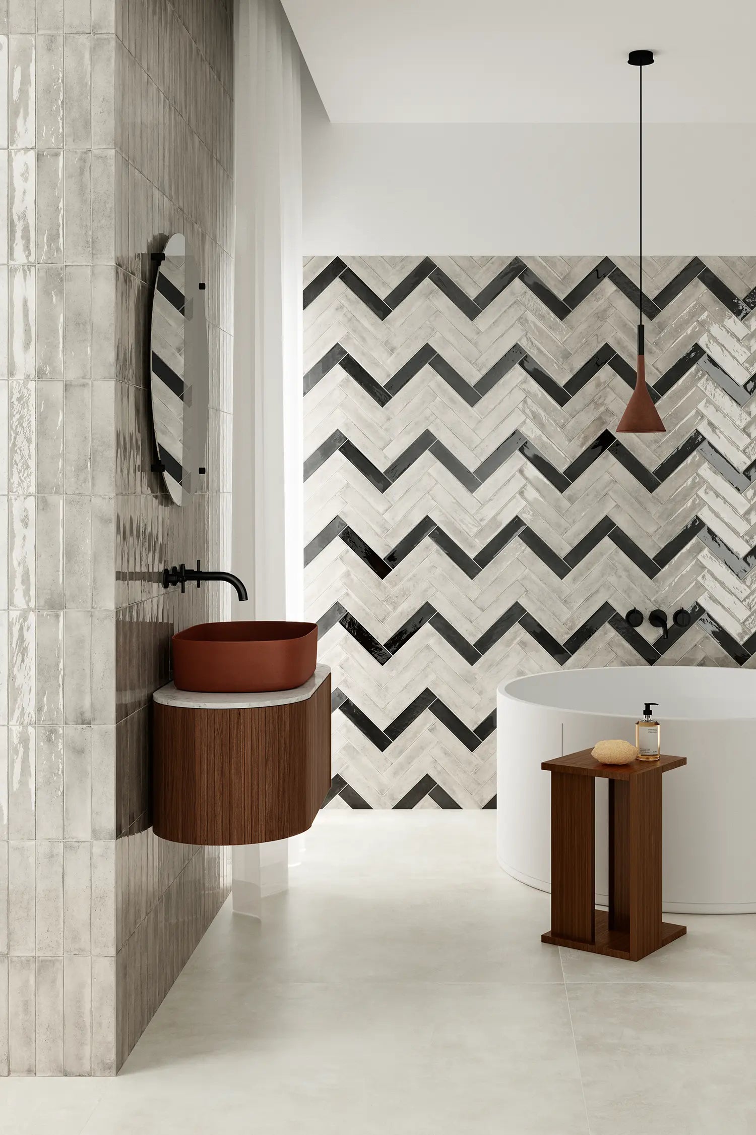 Vetra Grigio glossy Italian wall tile installed in a bathroom