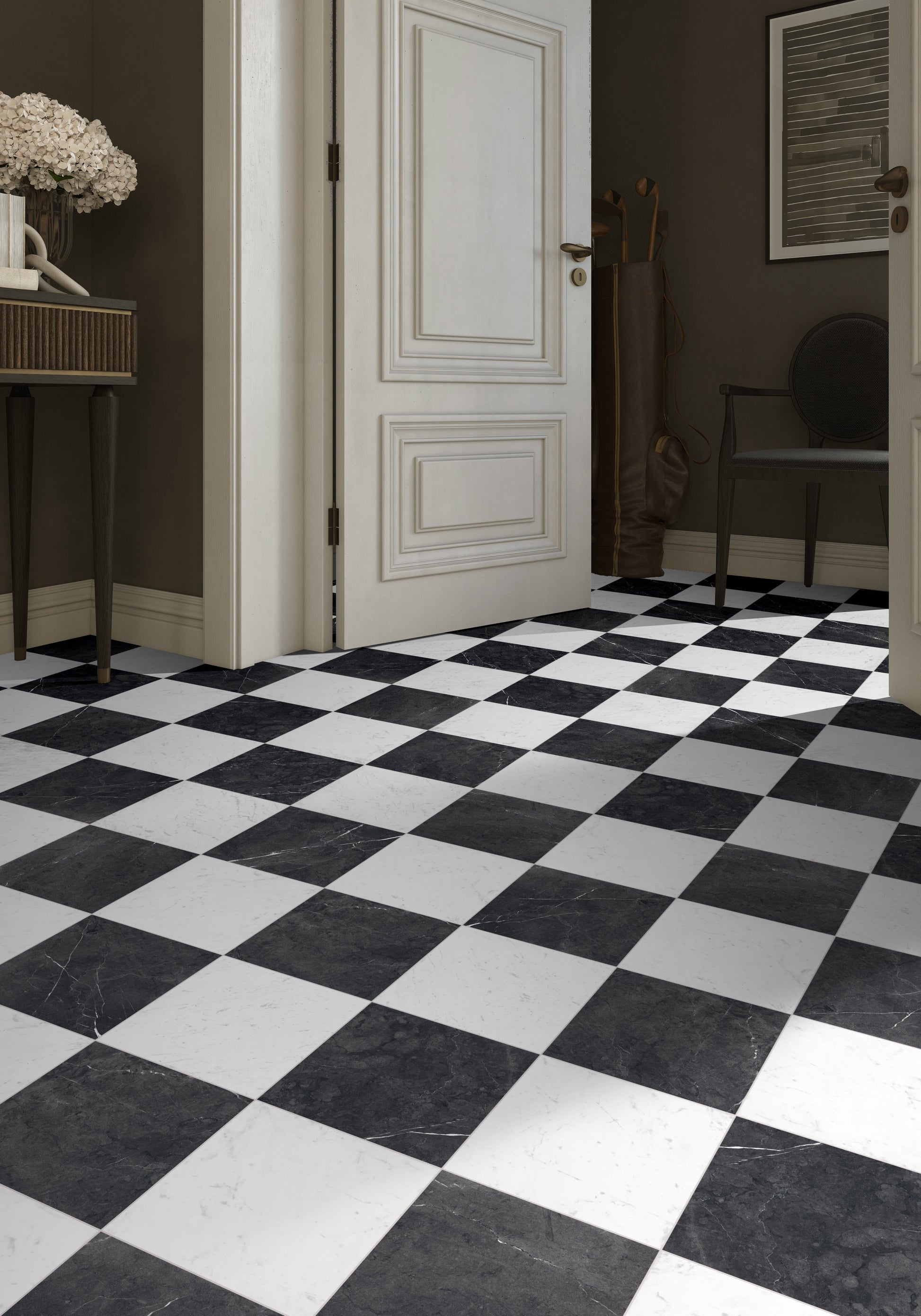 Classica Carrara and Nero Marquina checkerboard floor installation