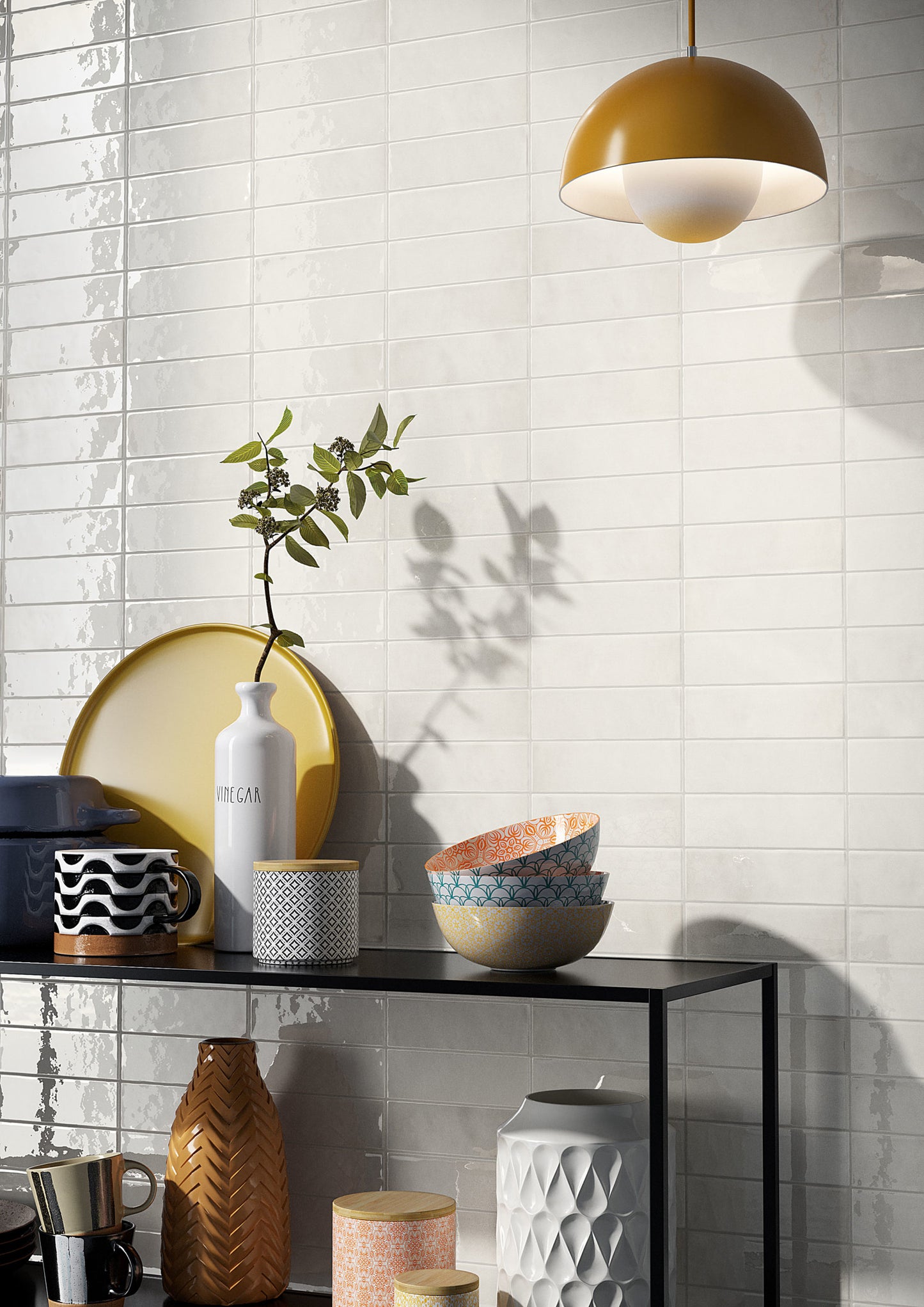 Luma Coconut glossy Italian wall tile installed in a kitchen