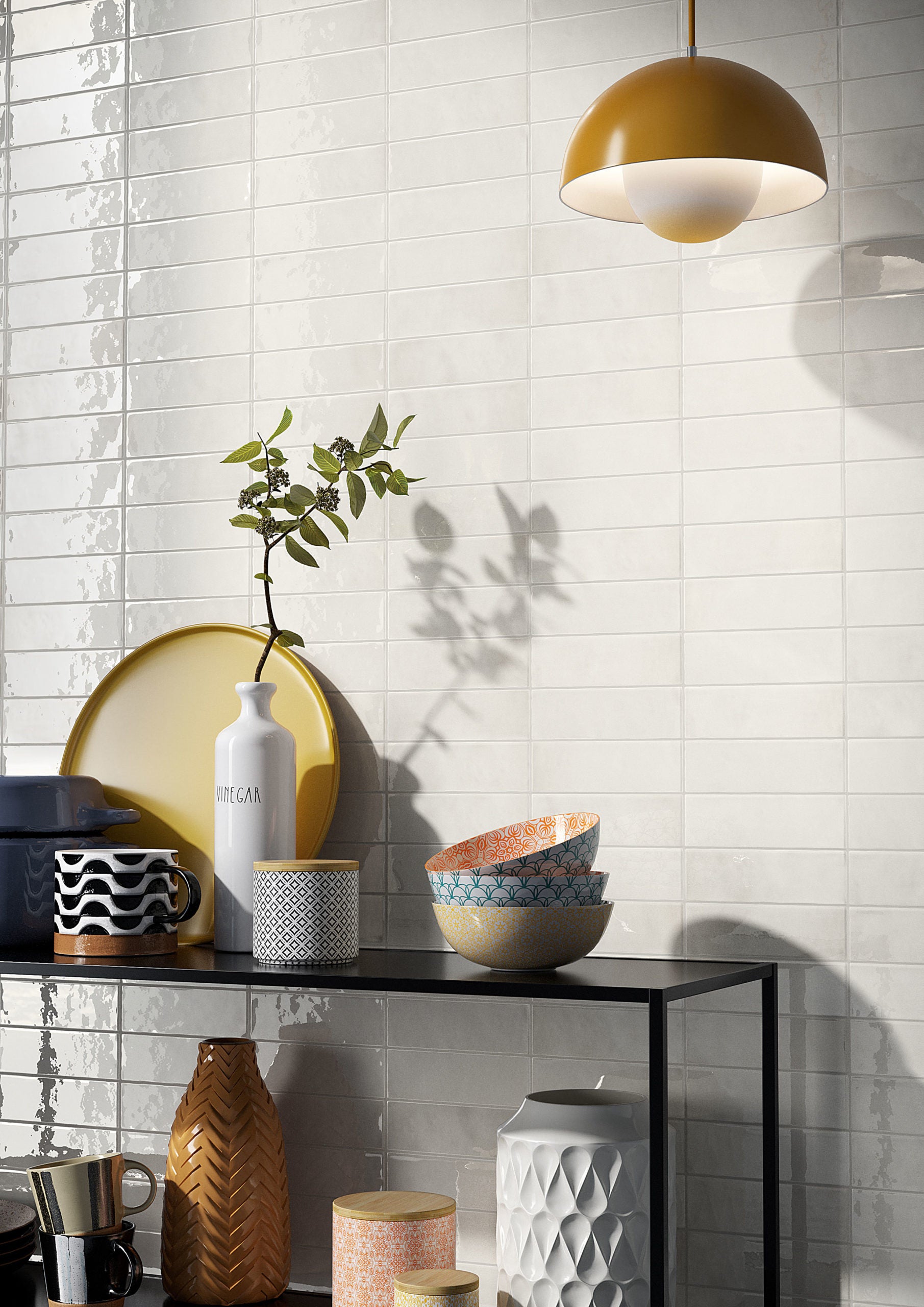 Luma Coconut glossy Italian wall tile installed in a kitchen