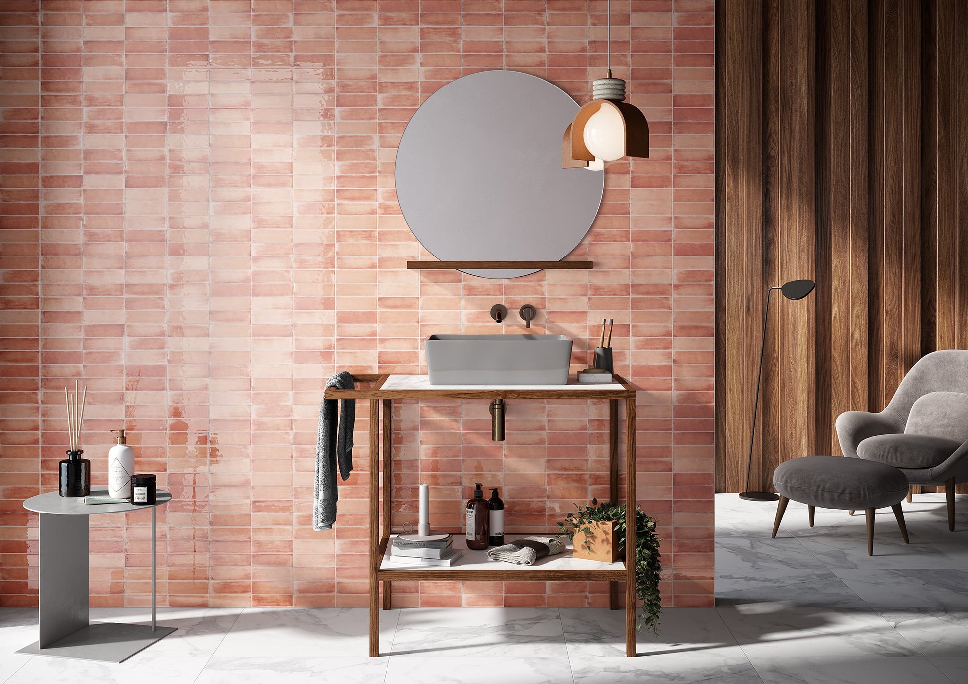Luma Apricot glossy Italian wall tile installed in a bathroom