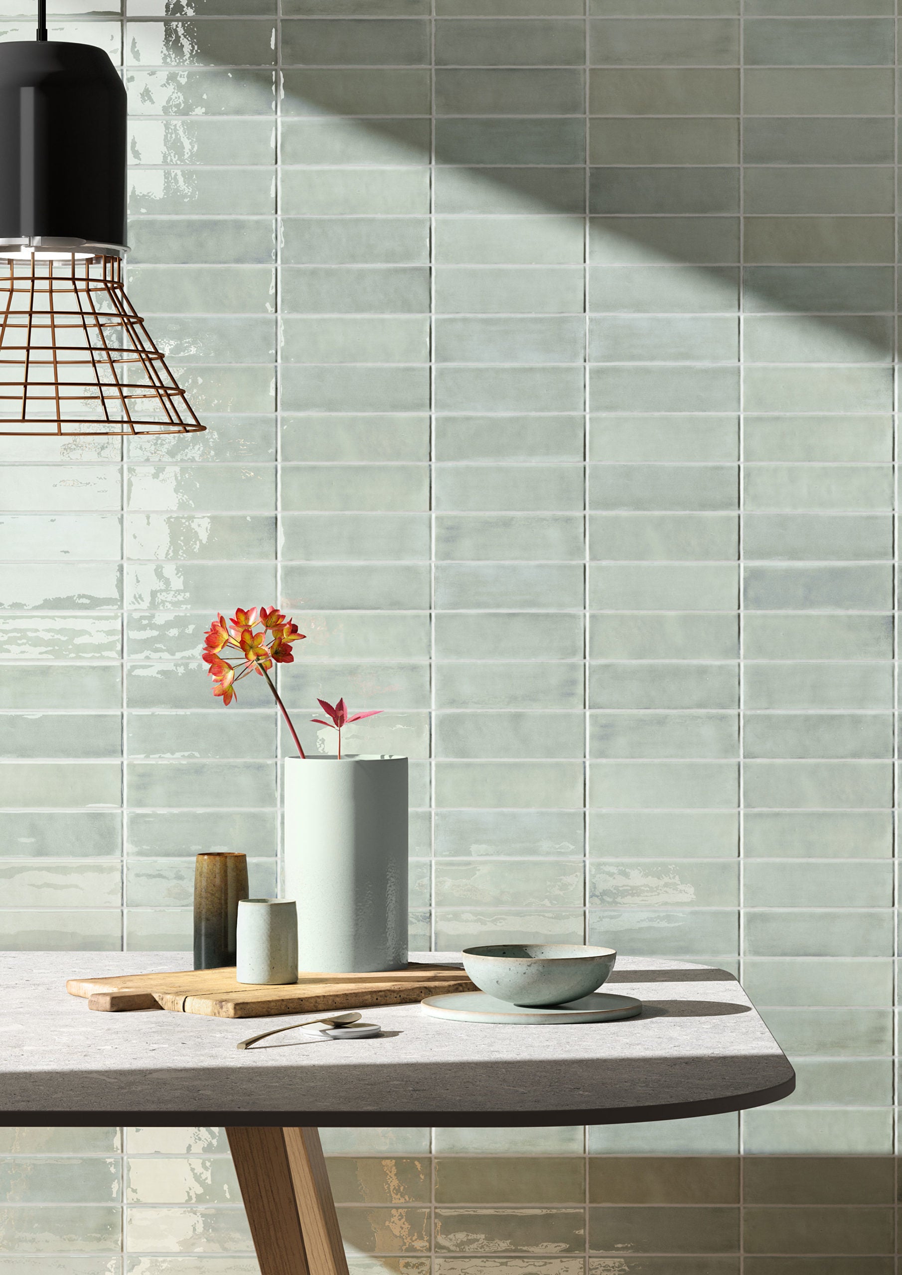 Luma Aquamarine glossy Italian wall tile installed in a dining room