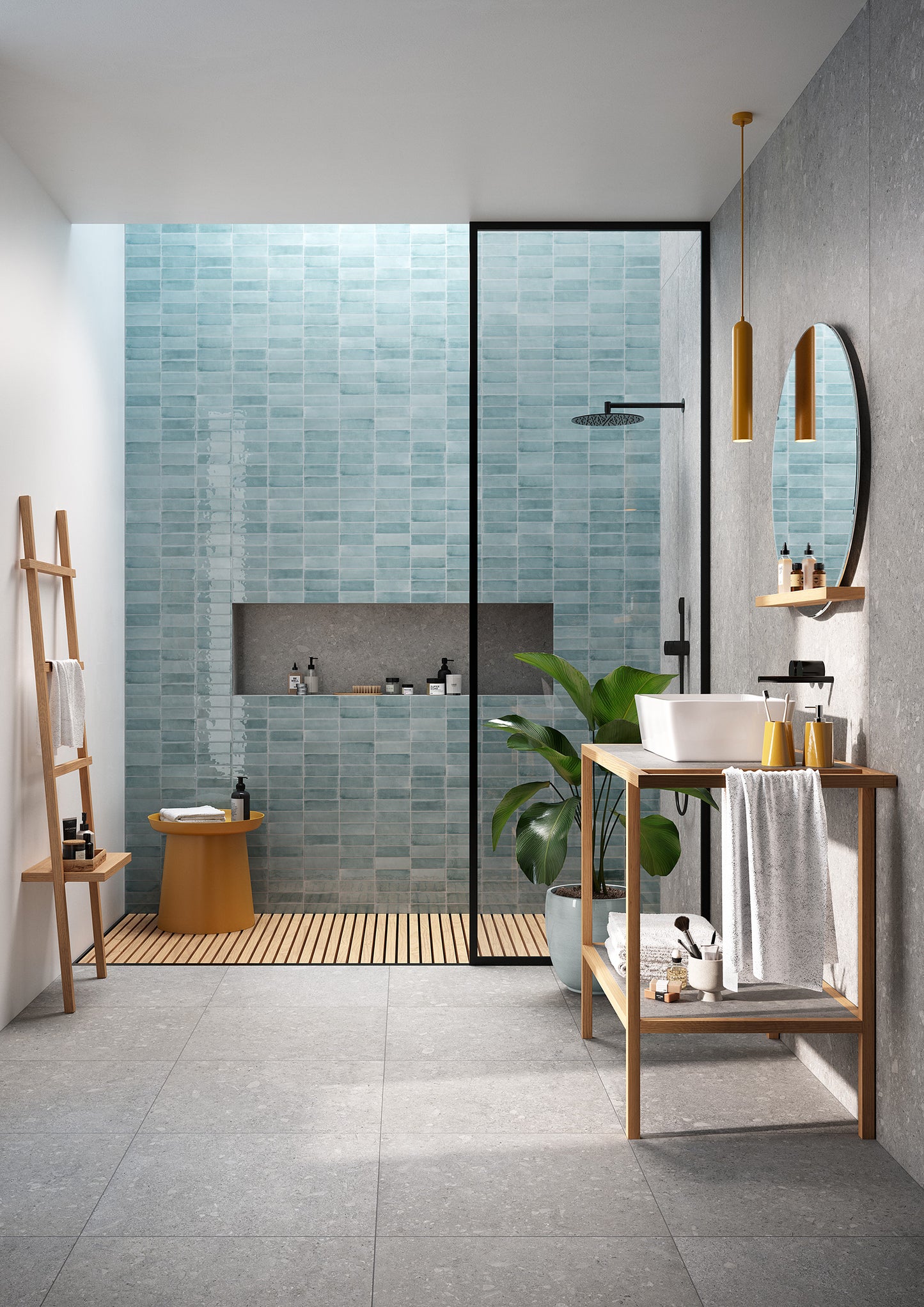 Luma Cerulean glossy Italian wall tile installed in a shower
