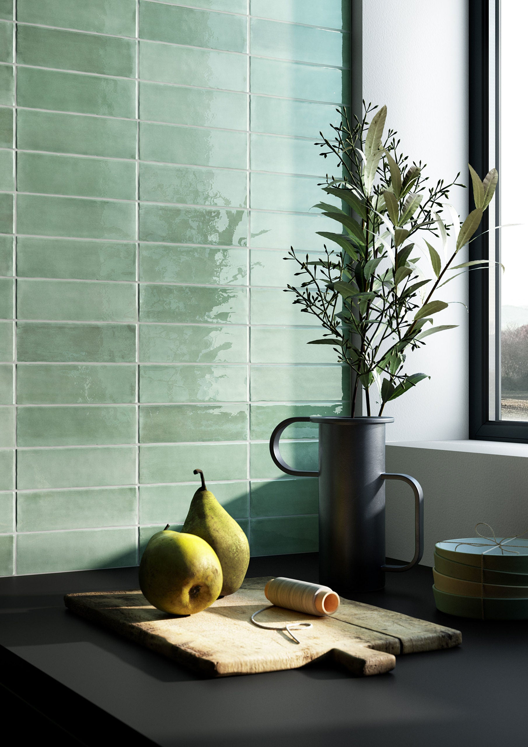 Luma Eucalyptus glossy Italian wall tile installed in a kitchen