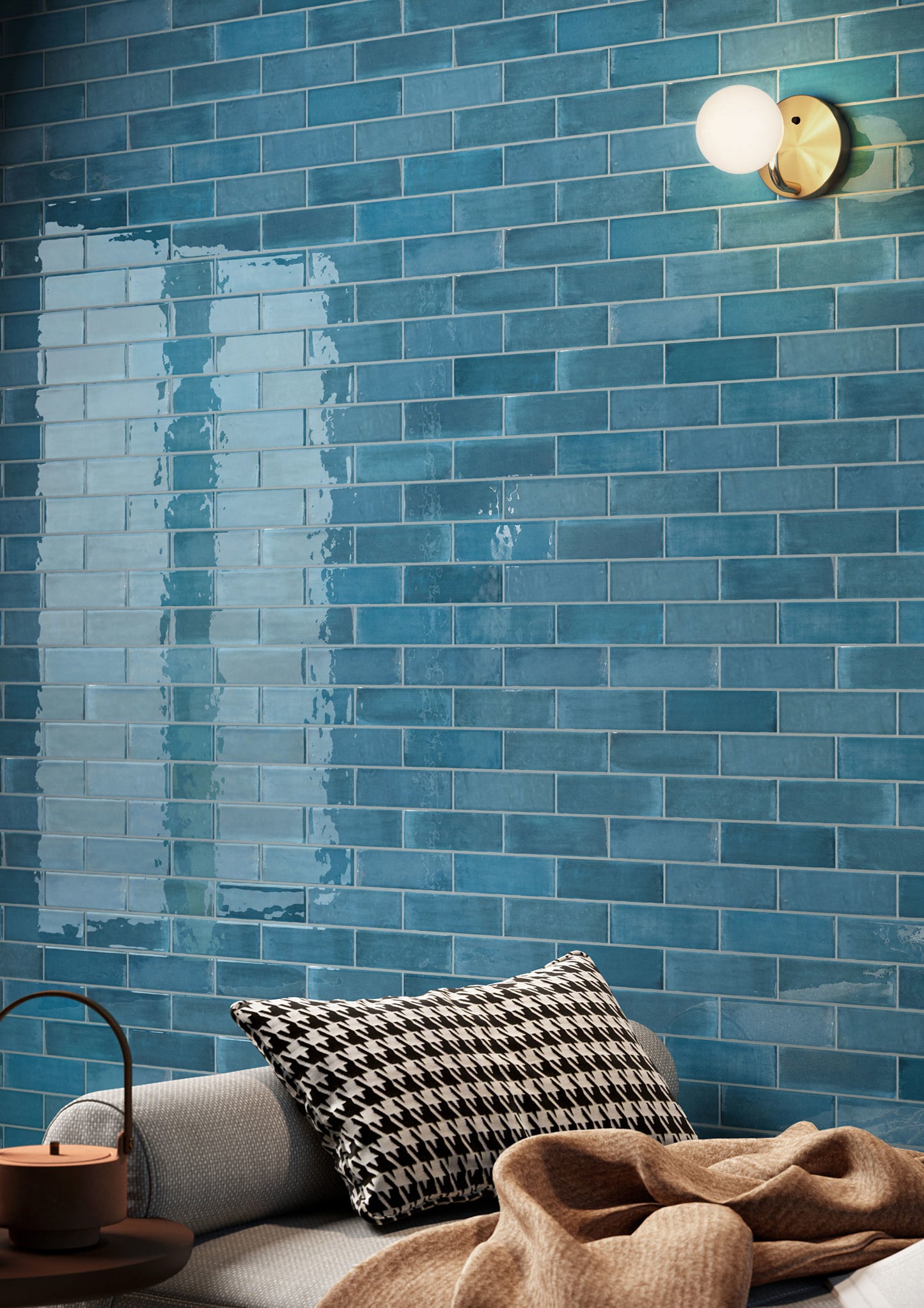 Luma Navy glossy Italian wall tile installed in a living room