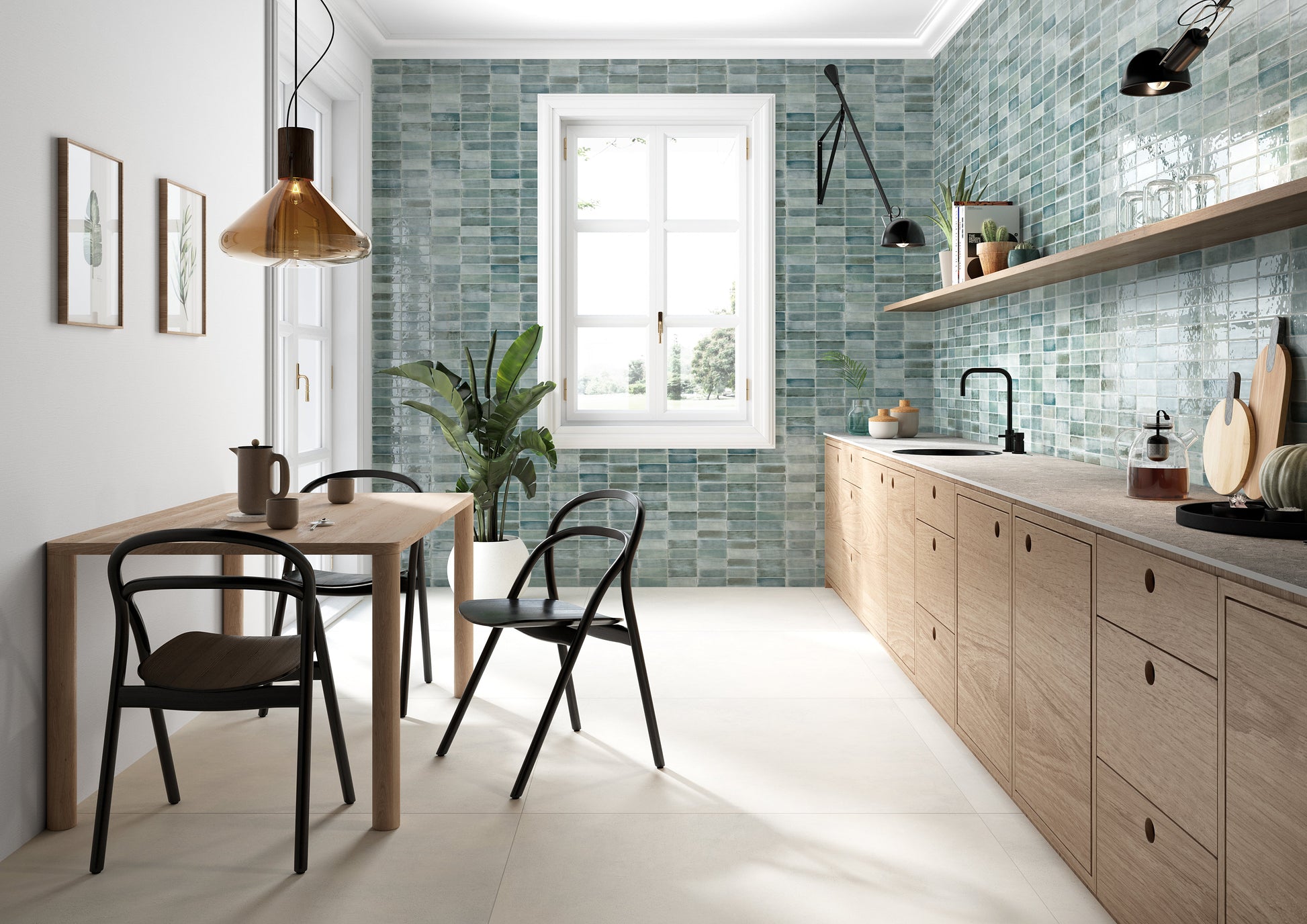 Luma Petroleum glossy Italian wall tile installed with Kos floor tile in a kitchen