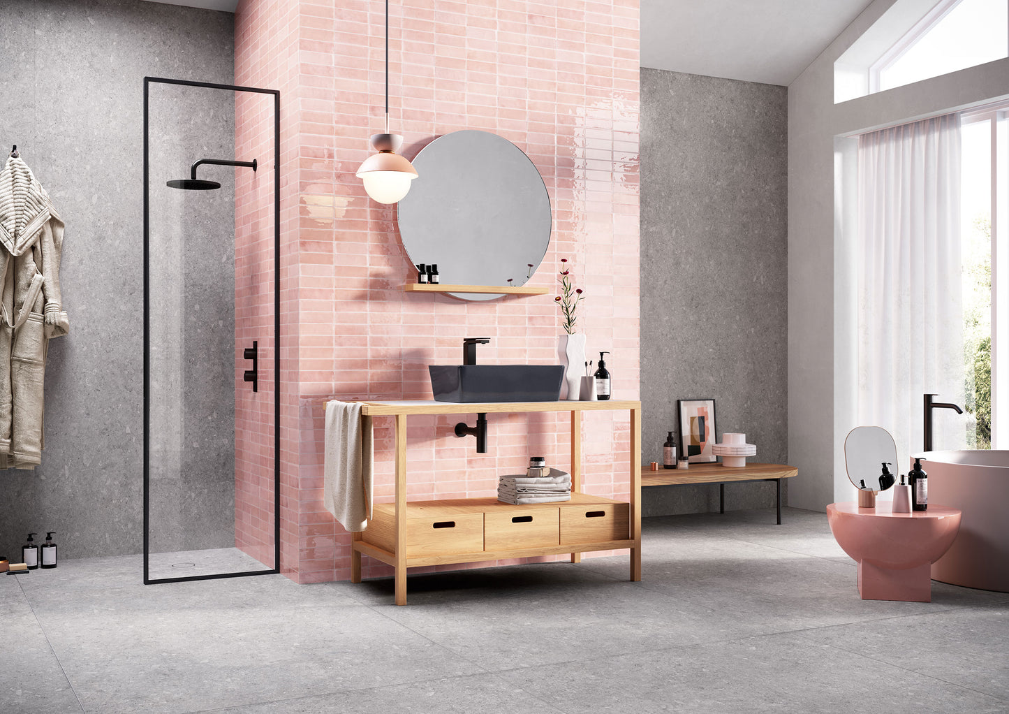 Luma Pink Panther glossy Italian wall tile installed in a bathroom
