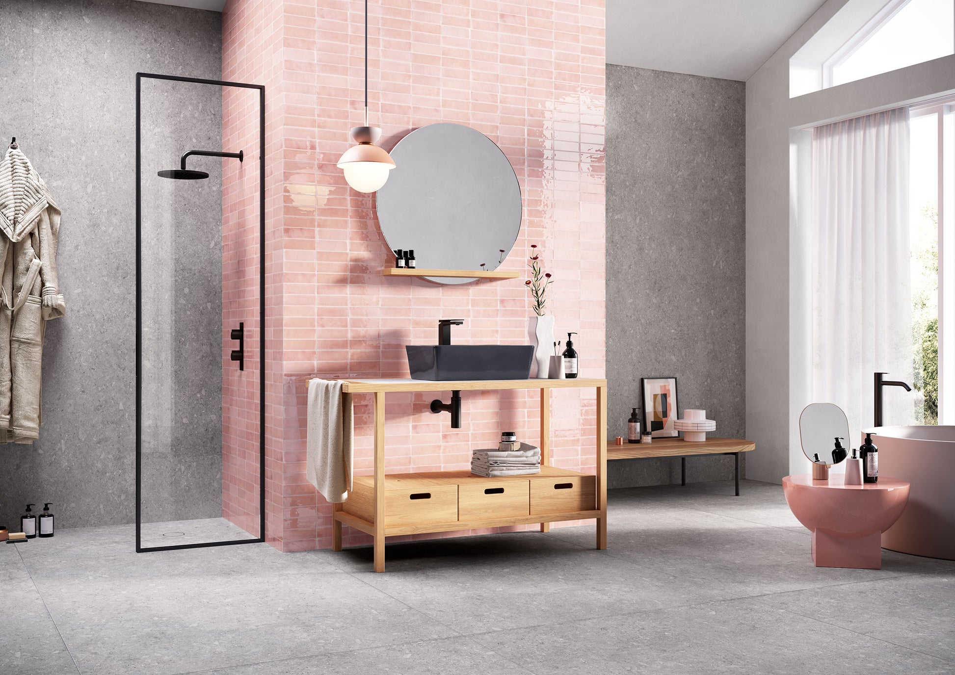 Luma Pink Panther glossy Italian wall tile installed in a bathroom