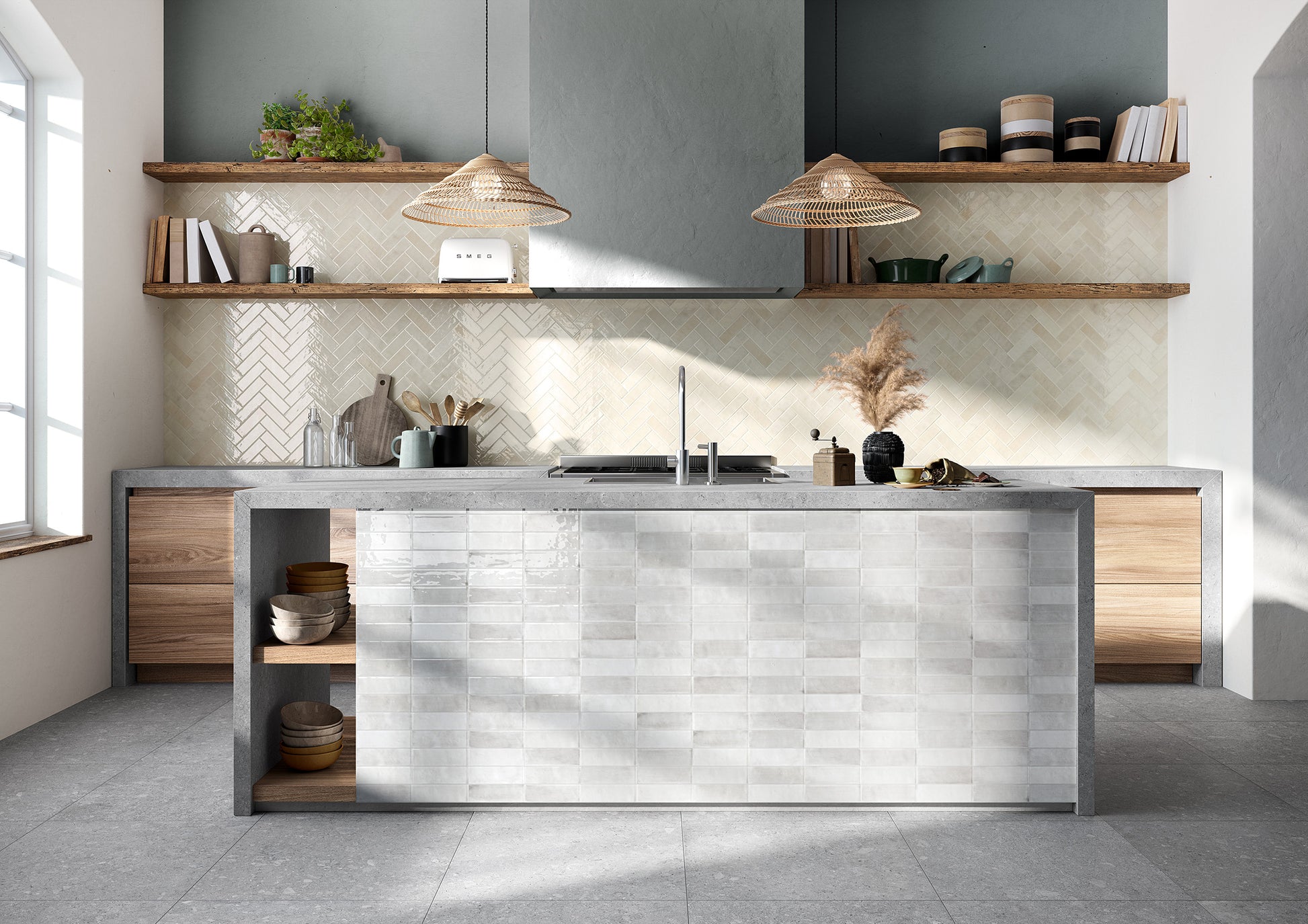 Luma Rain and Sepia glossy Italian wall tile installed in a kitchen